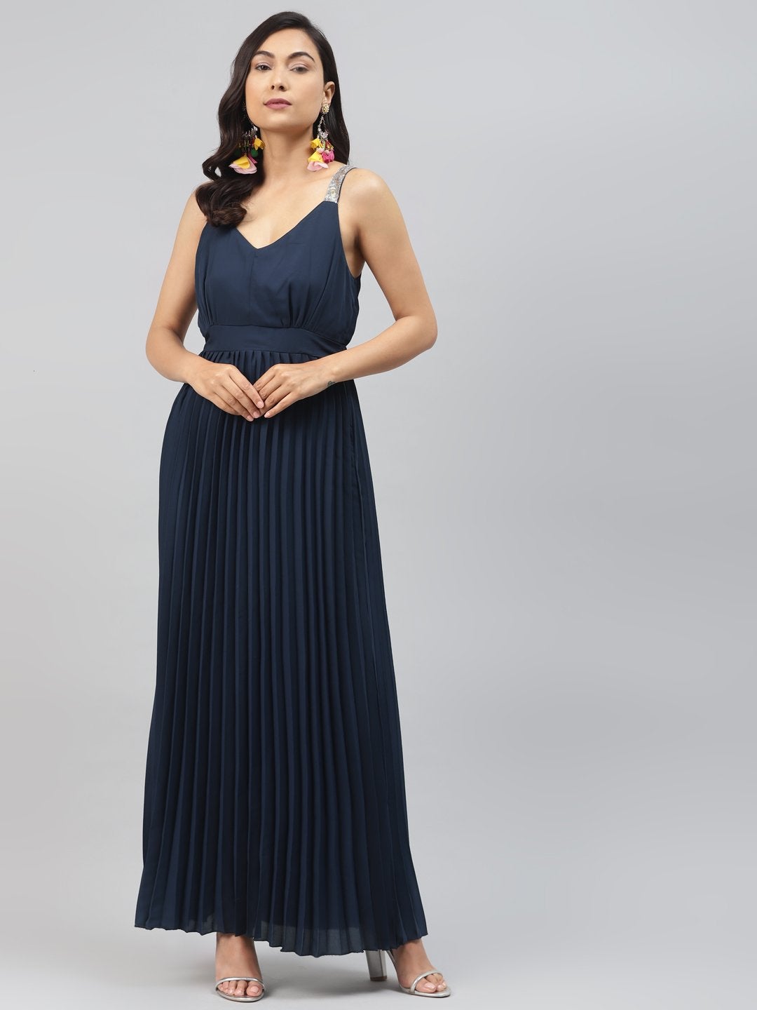 Women's Navy Sequin Straps Pleated Maxi Dress
