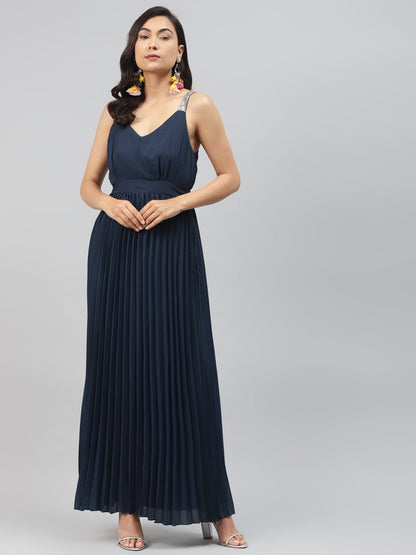 Women's Navy Sequin Straps Pleated Maxi Dress