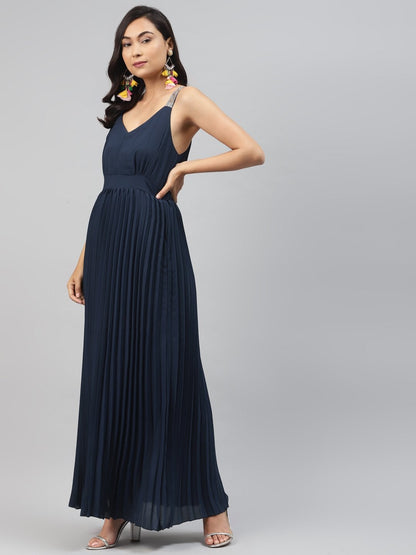 Women's Navy Sequin Straps Pleated Maxi Dress