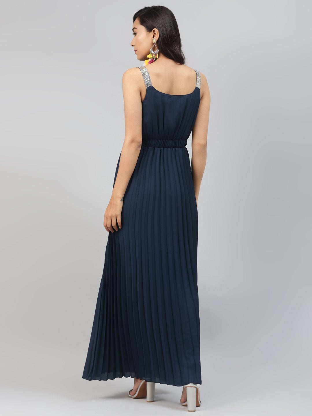 Women's Navy Sequin Straps Pleated Maxi Dress