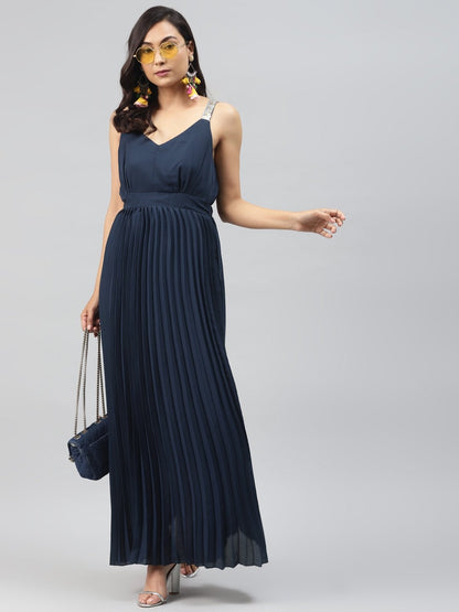 Women's Navy Sequin Straps Pleated Maxi Dress