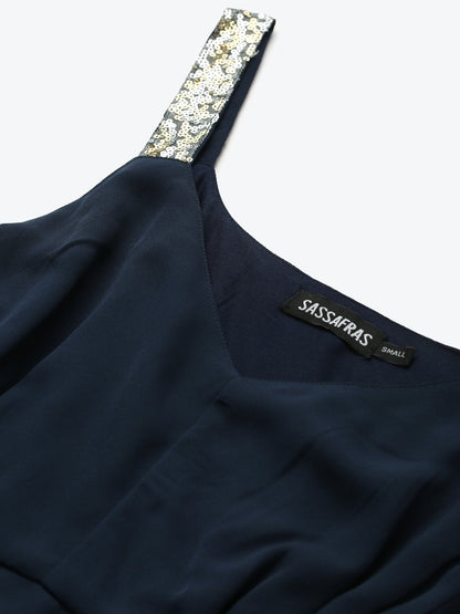 Women's Navy Sequin Straps Pleated Maxi Dress