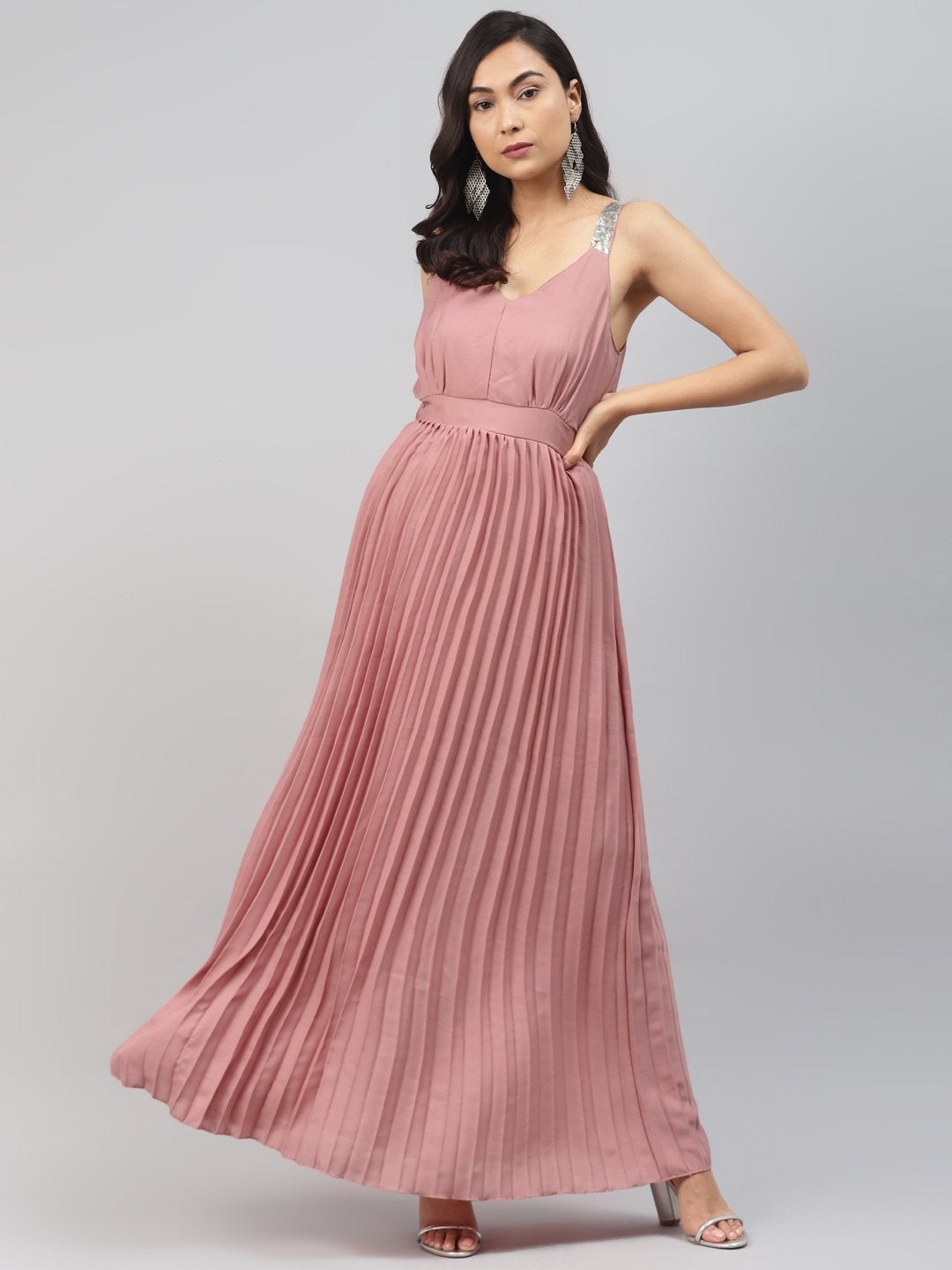 Women's Pink Sequin Straps Pleated Maxi Dress