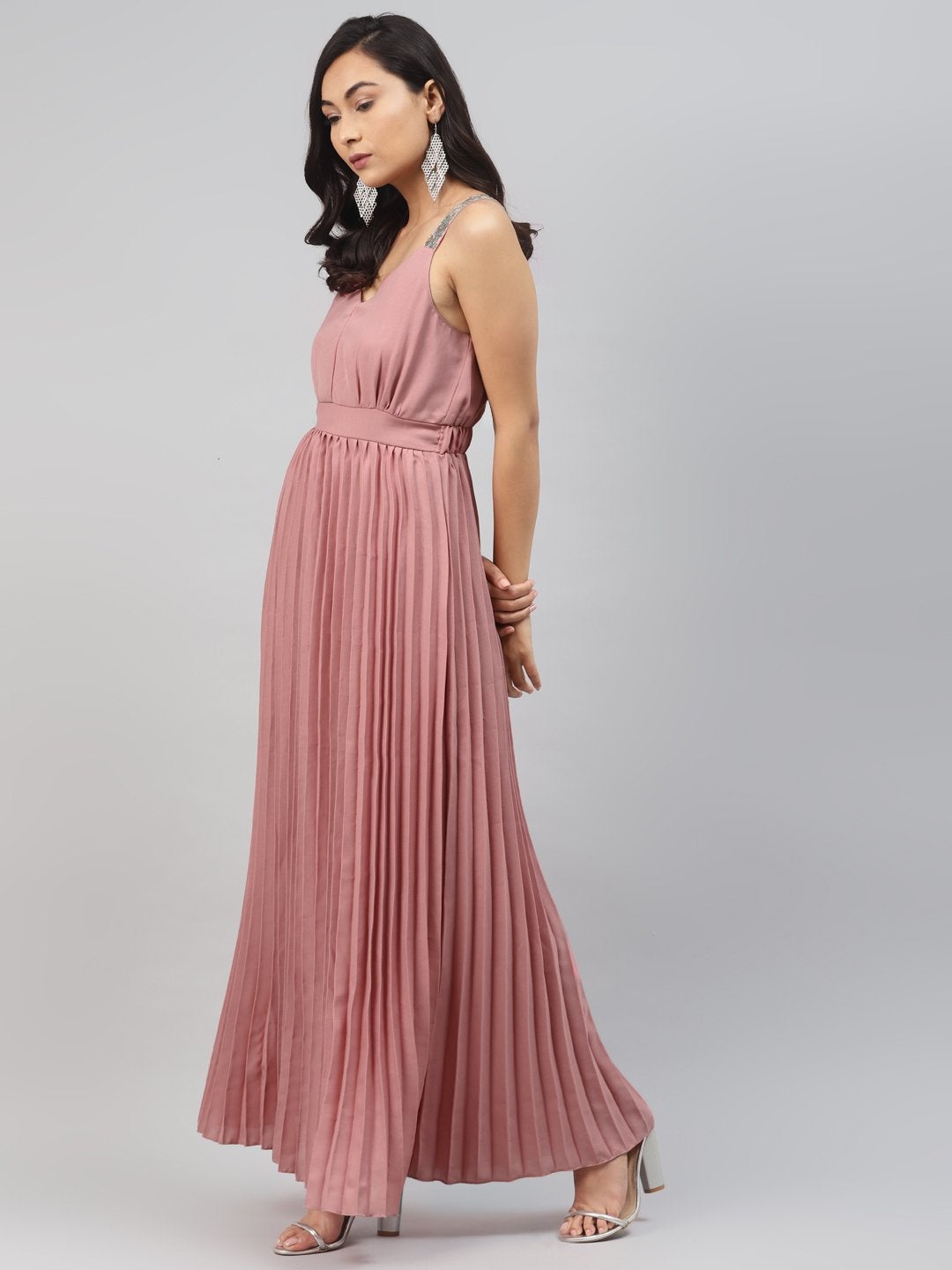 Women's Pink Sequin Straps Pleated Maxi Dress