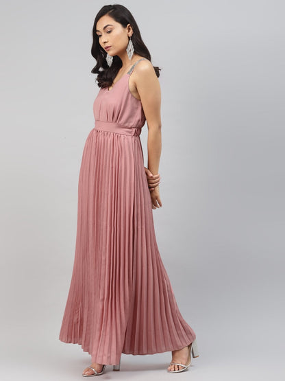 Women's Pink Sequin Straps Pleated Maxi Dress
