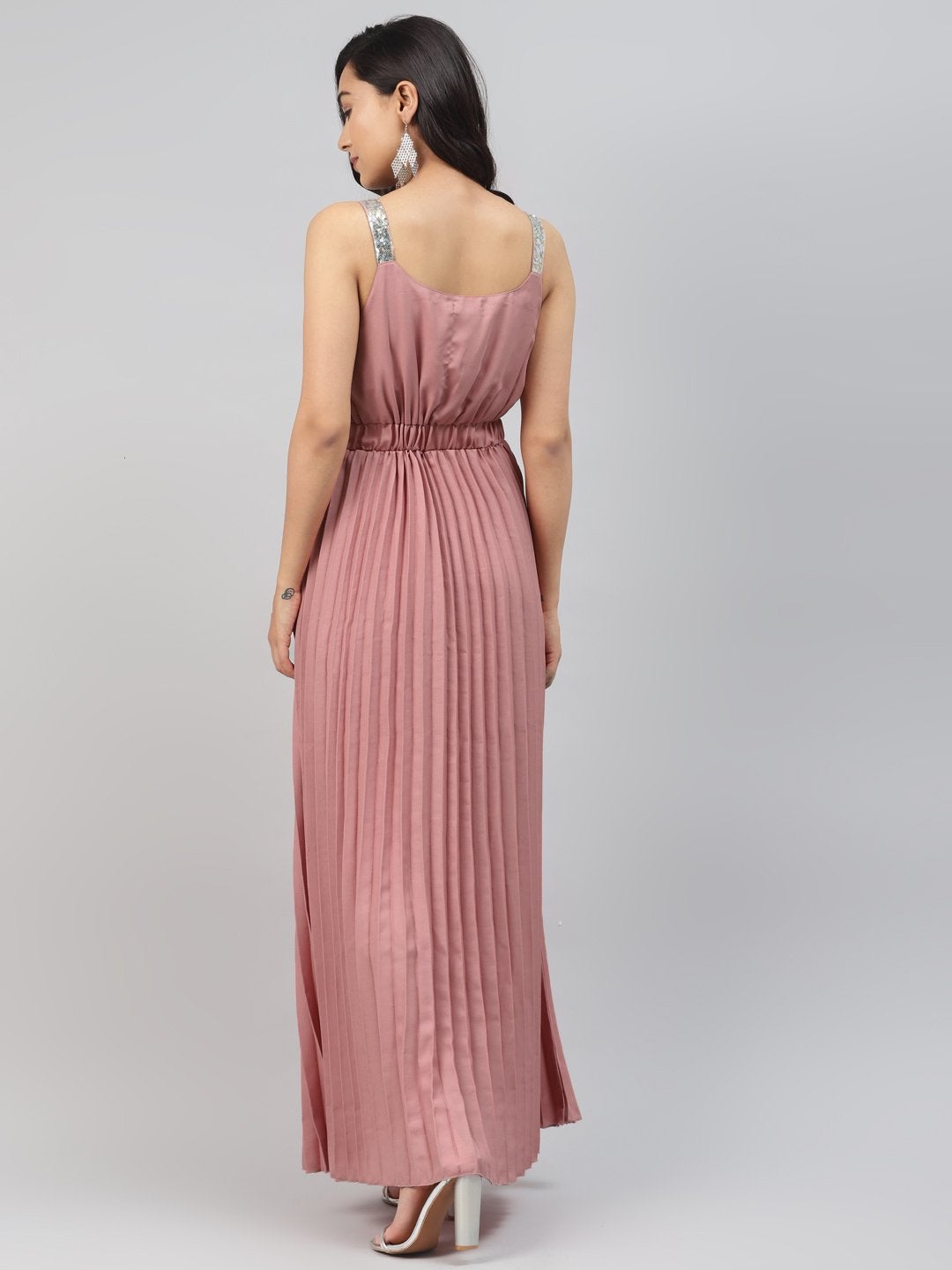 Women's Pink Sequin Straps Pleated Maxi Dress