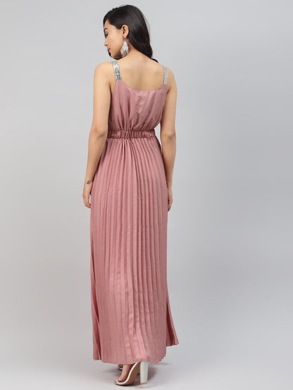 Women's Pink Sequin Straps Pleated Maxi Dress