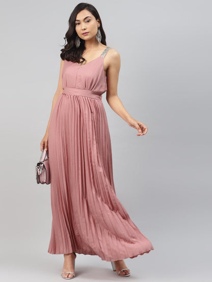 Women's Pink Sequin Straps Pleated Maxi Dress