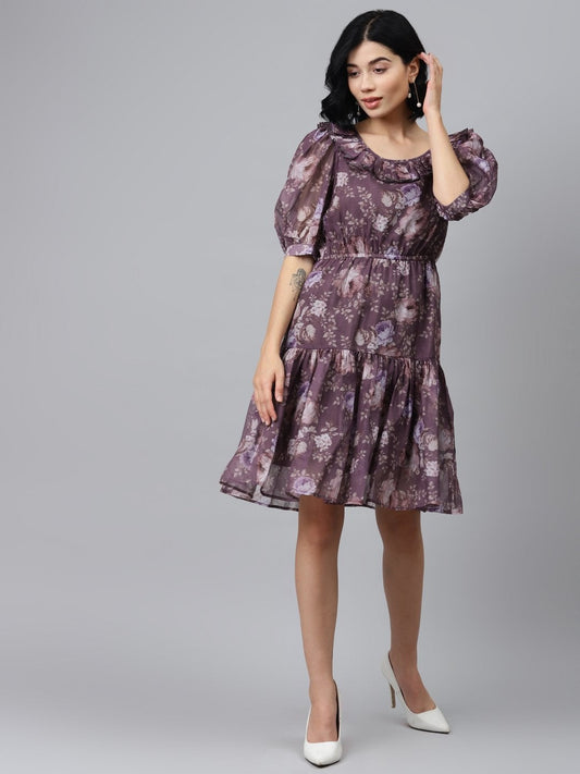Women's Mauve Floral Puff Sleeve Tiered Dress
