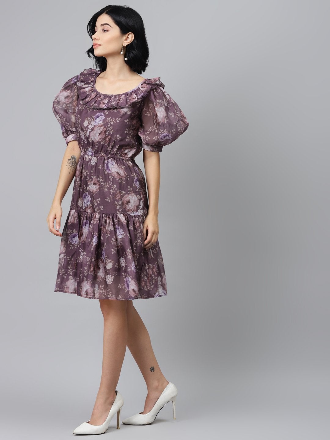 Women's Mauve Floral Puff Sleeve Tiered Dress