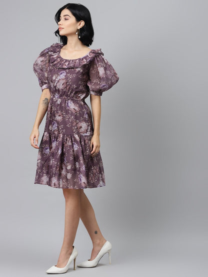 Women's Mauve Floral Puff Sleeve Tiered Dress