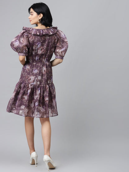 Women's Mauve Floral Puff Sleeve Tiered Dress