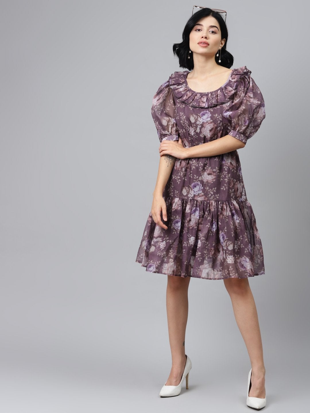 Women's Mauve Floral Puff Sleeve Tiered Dress