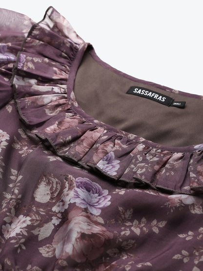 Women's Mauve Floral Puff Sleeve Tiered Dress
