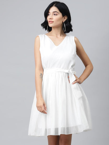 Women's Off-White Sleeveless Belted Mini Dress