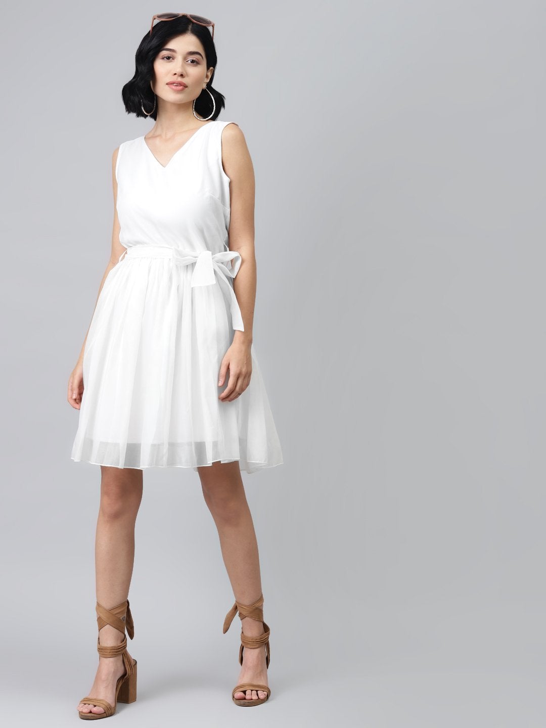 Women's Off-White Sleeveless Belted Mini Dress
