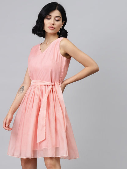 Women's Pastel Pink Sleevelees Belted Mini Dress