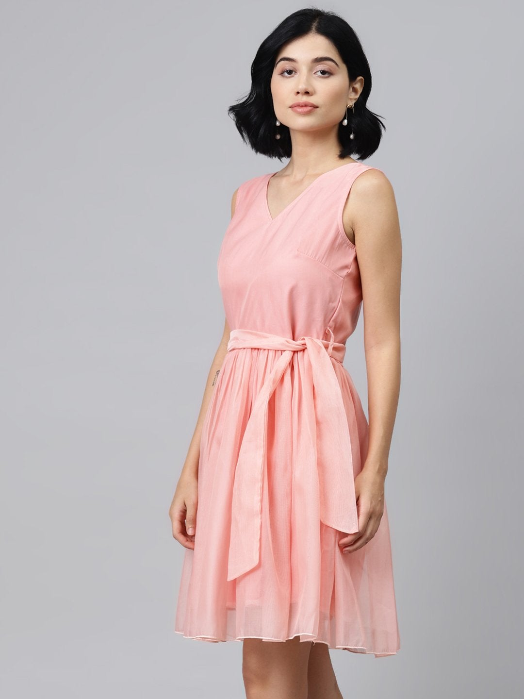 Women's Pastel Pink Sleevelees Belted Mini Dress