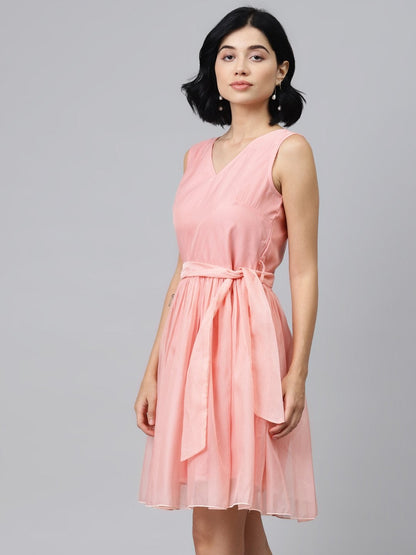 Women's Pastel Pink Sleevelees Belted Mini Dress