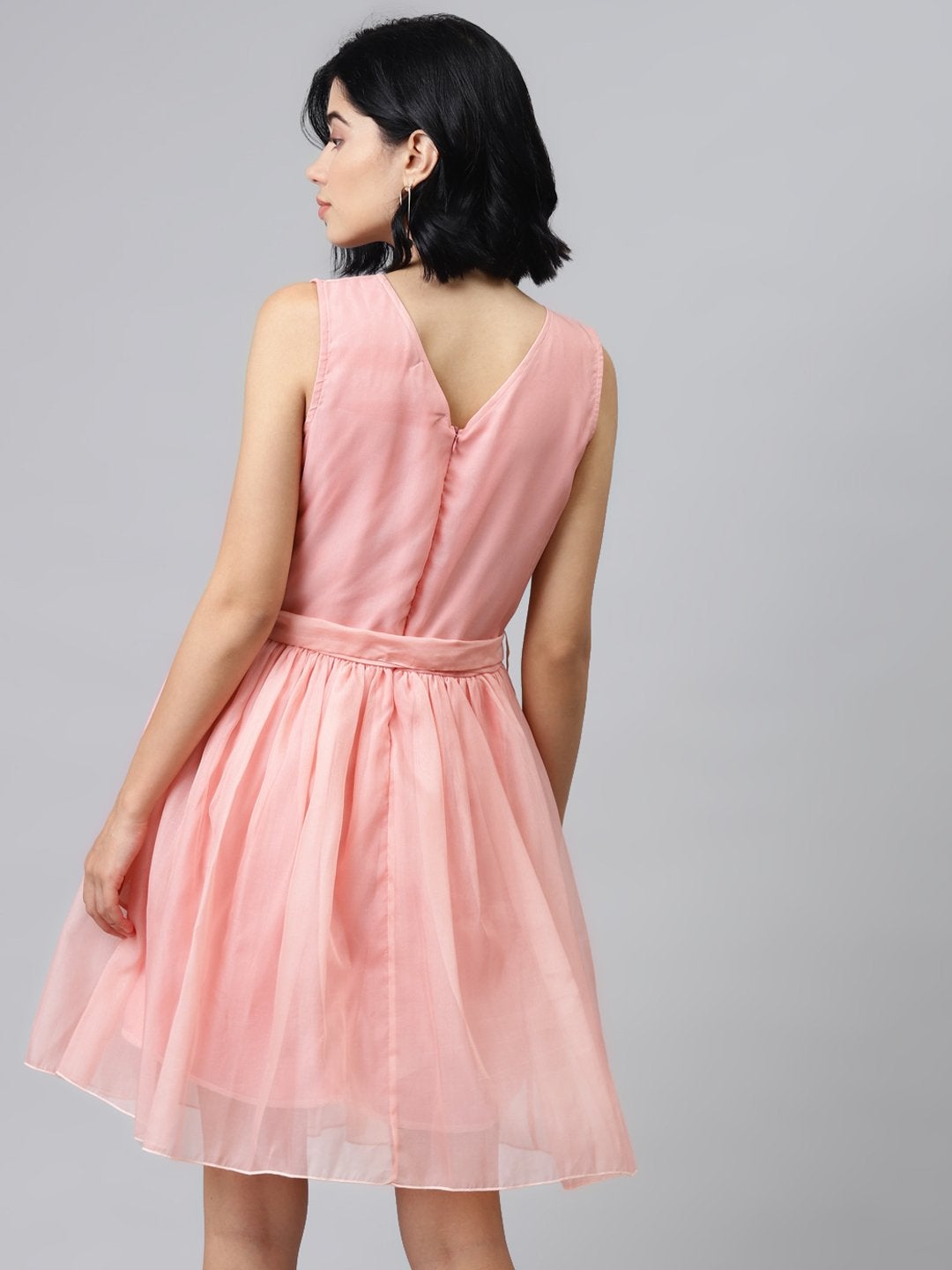 Women's Pastel Pink Sleevelees Belted Mini Dress