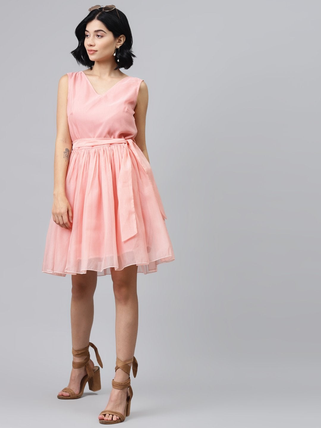 Women's Pastel Pink Sleevelees Belted Mini Dress