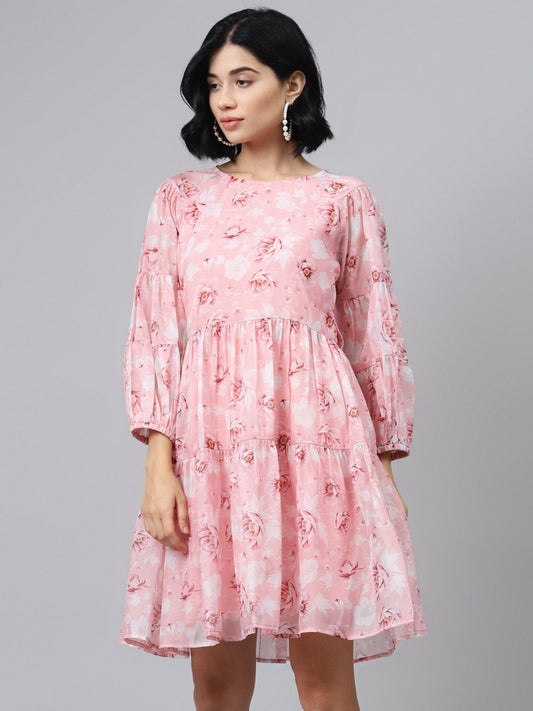 Women's Pink Floral Drop Shoulder Tiered Dress