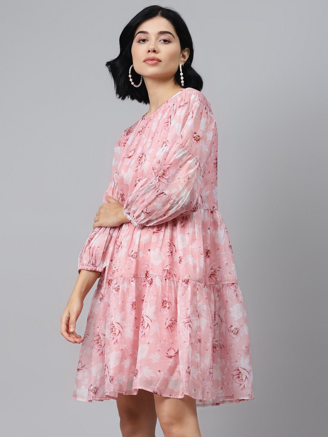Women's Pink Floral Drop Shoulder Tiered Dress
