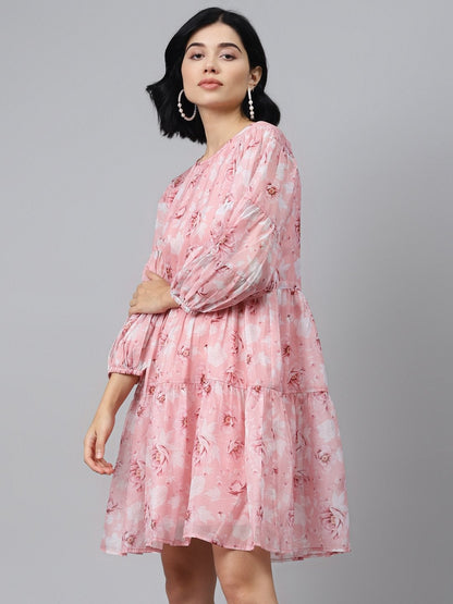 Women's Pink Floral Drop Shoulder Tiered Dress