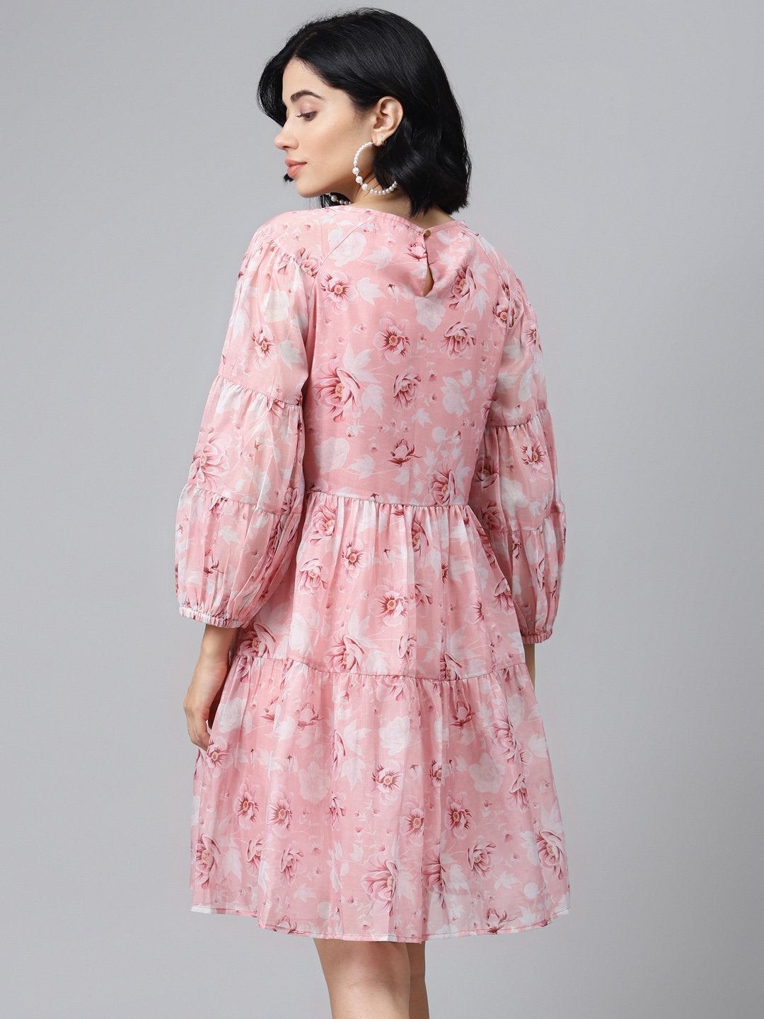 Women's Pink Floral Drop Shoulder Tiered Dress