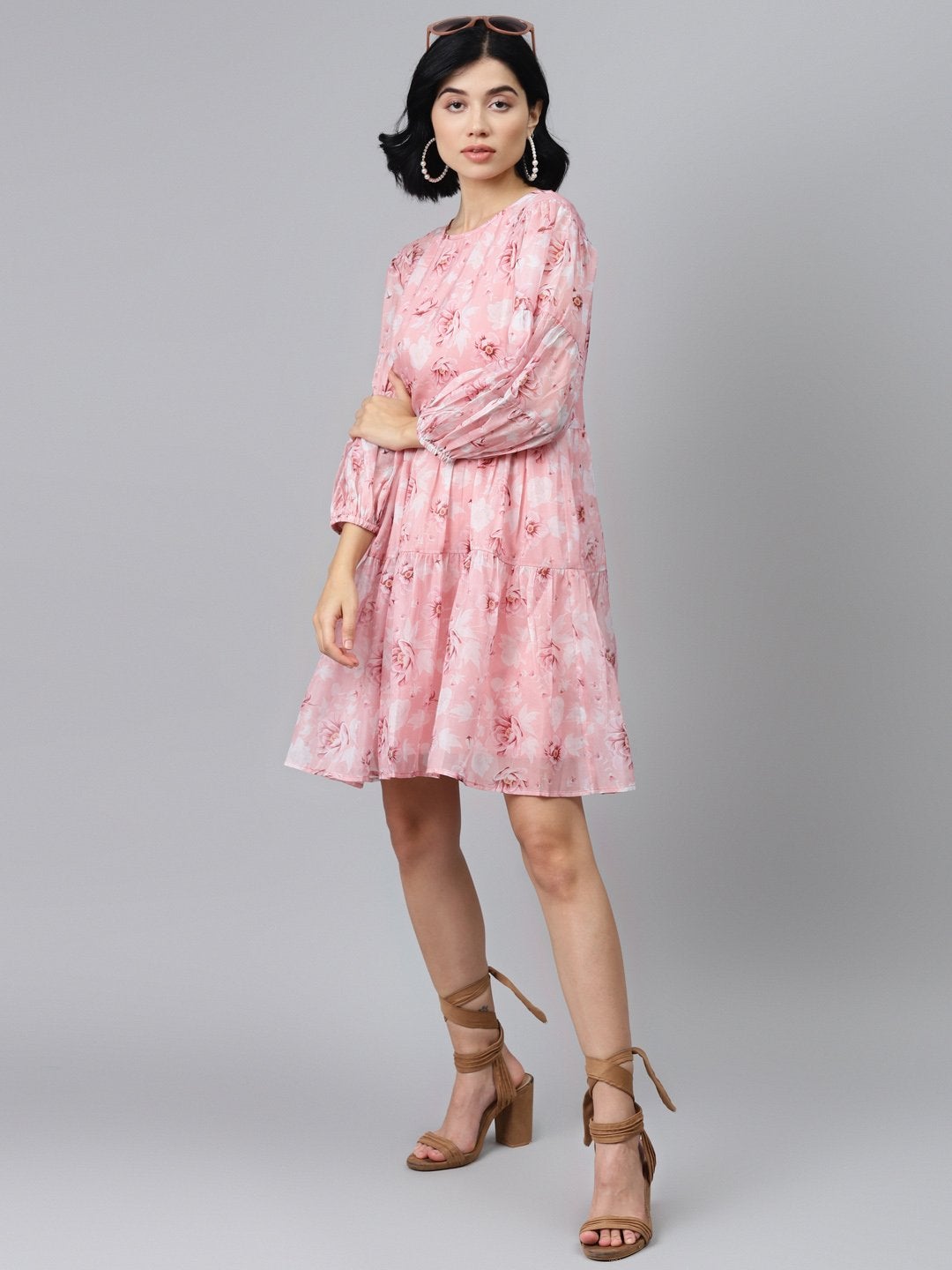 Women's Pink Floral Drop Shoulder Tiered Dress