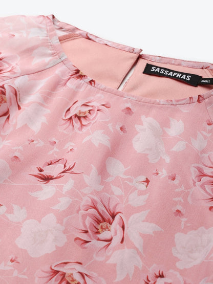 Women's Pink Floral Drop Shoulder Tiered Dress