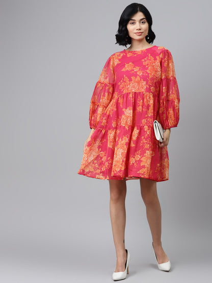 Women's Fuchsia Floral Drop Shoulder Tiered Dress