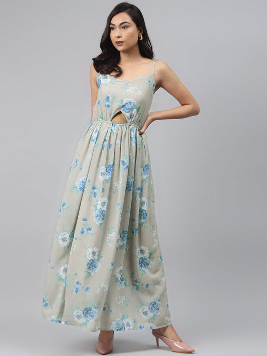 Women's Olive Floral Front Cut Out Maxi Dress