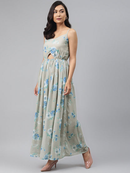 Women's Olive Floral Front Cut Out Maxi Dress