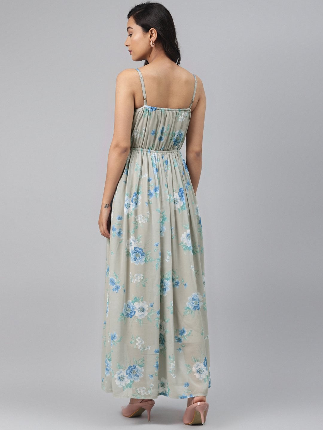 Women's Olive Floral Front Cut Out Maxi Dress