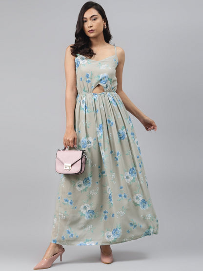 Women's Olive Floral Front Cut Out Maxi Dress