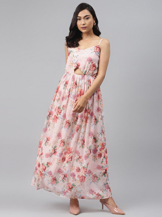Women's Peach Floral Front Cut Out Maxi Dress