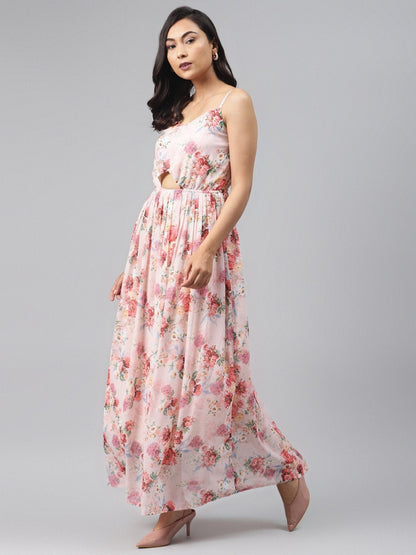 Women's Peach Floral Front Cut Out Maxi Dress