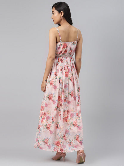 Women's Peach Floral Front Cut Out Maxi Dress