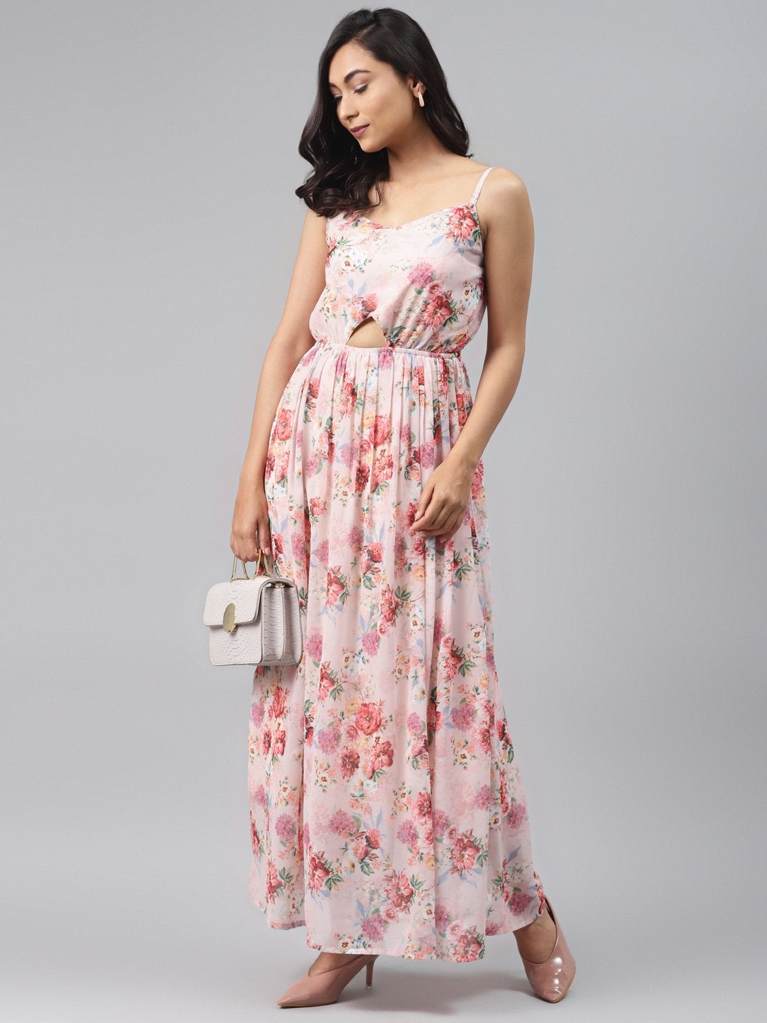 Women's Peach Floral Front Cut Out Maxi Dress