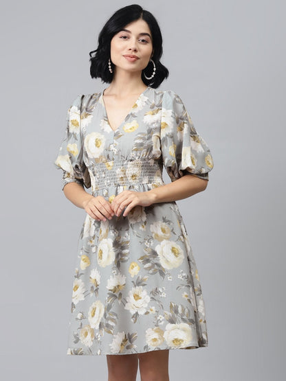 Women's Grey Floral Puff Sleeve Smocked Dress