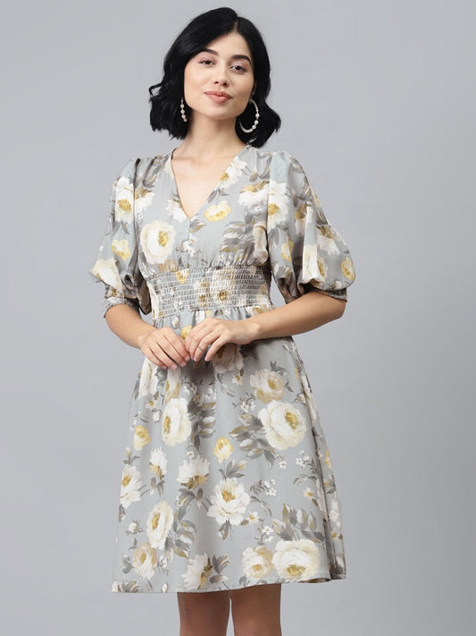 Women's Grey Floral Puff Sleeve Smocked Dress