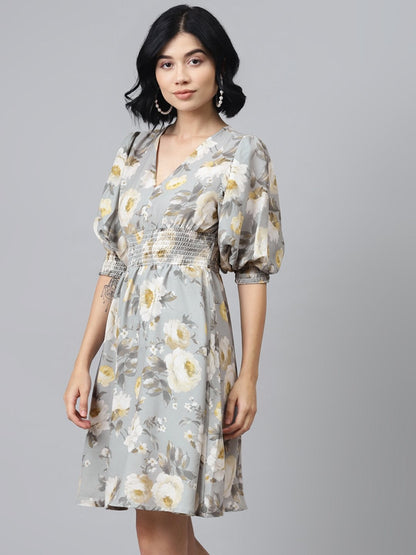 Women's Grey Floral Puff Sleeve Smocked Dress