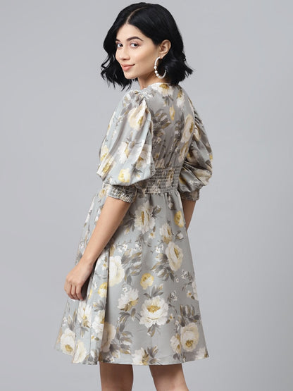 Women's Grey Floral Puff Sleeve Smocked Dress