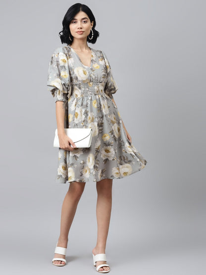 Women's Grey Floral Puff Sleeve Smocked Dress