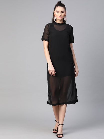 Women's Black Sheer Sheath Dress With Inner