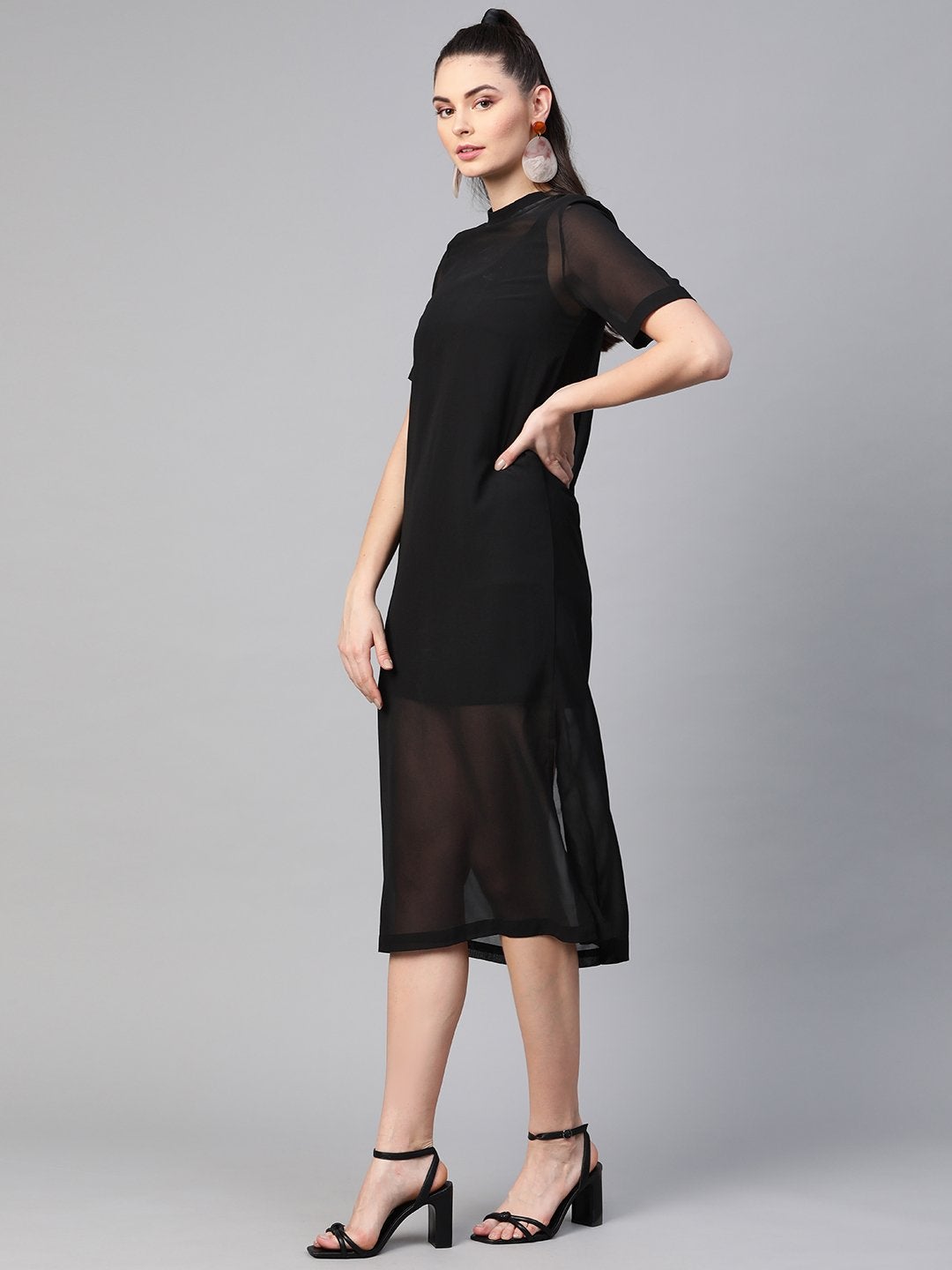 Women's Black Sheer Sheath Dress With Inner
