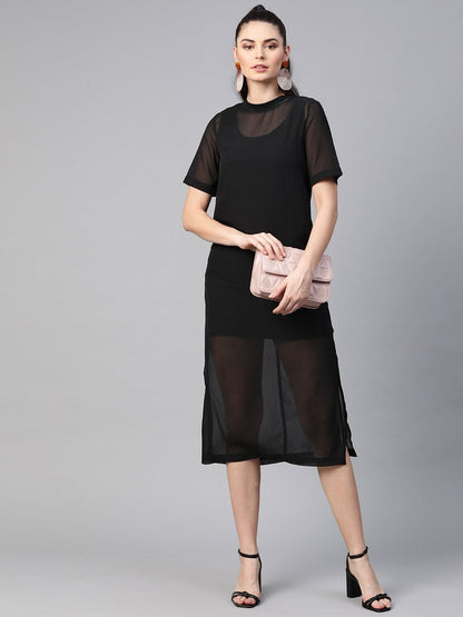 Women's Black Sheer Sheath Dress With Inner