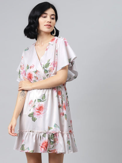 Women's Nude Floral Wrap Fit & Flare Dress