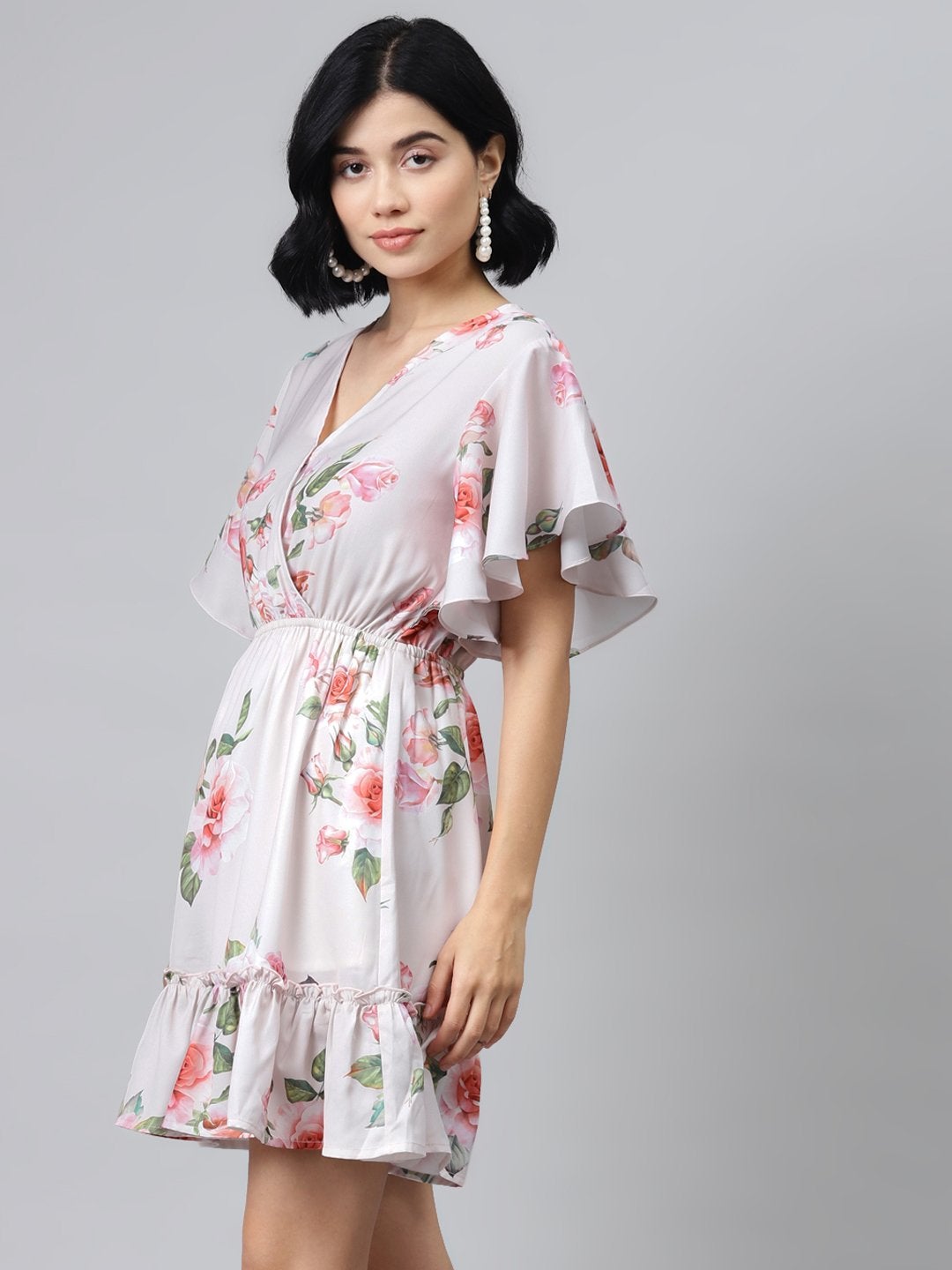 Women's Nude Floral Wrap Fit & Flare Dress